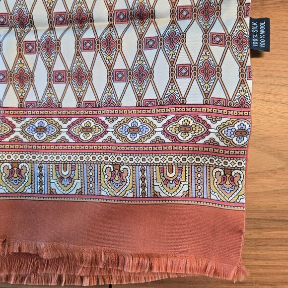 Scarf Long Rectangle Geometric Fringed Silk Wool Blend Neutral 11 x 54 - Picture 1 of 6